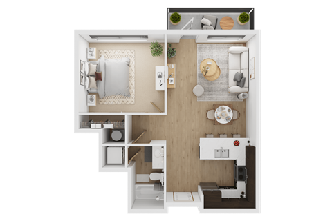 Floor plan for 1 bed, 1 bath, 649 sqft
